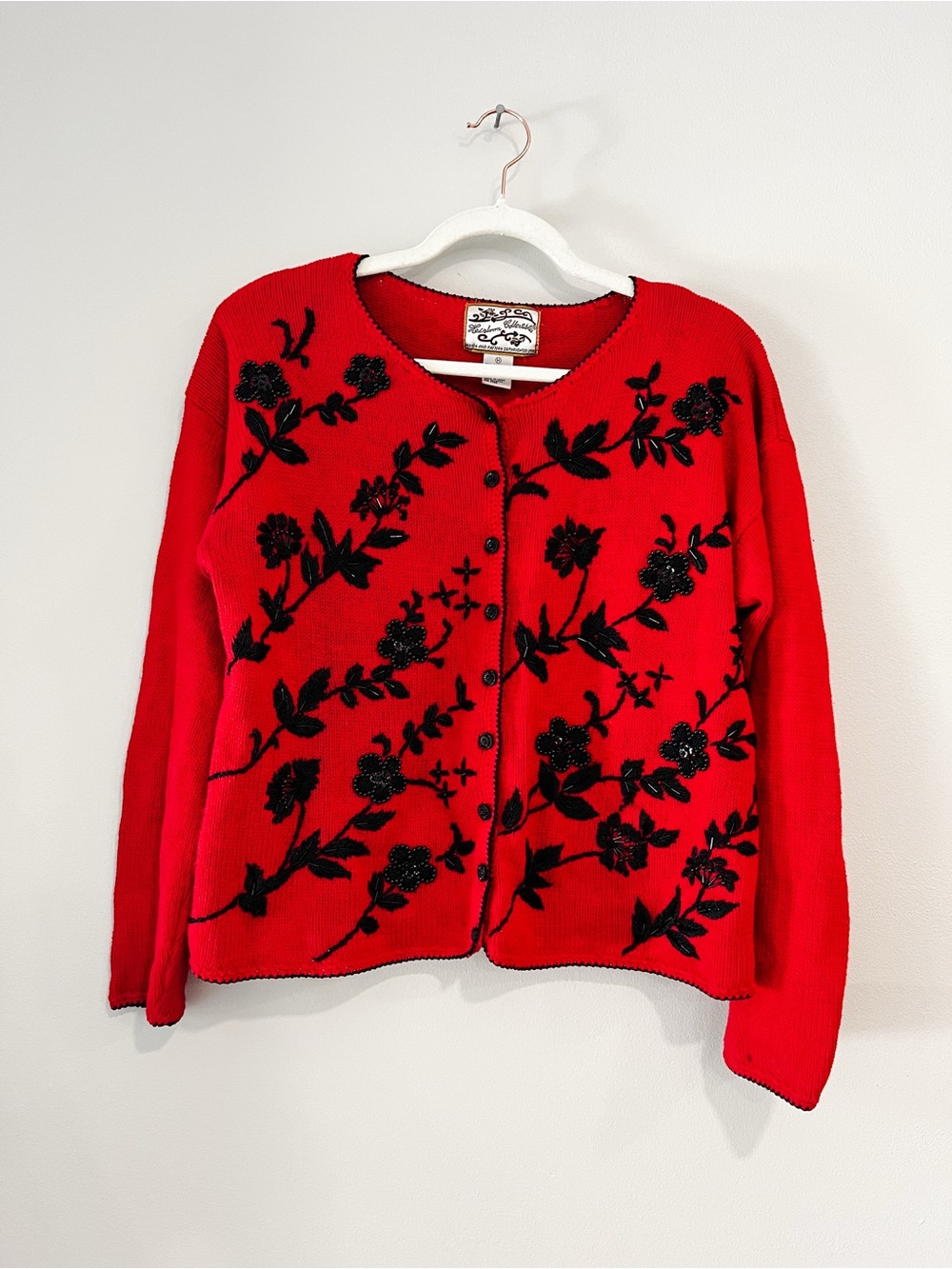 Heirloom Collectibles Red Vintage Beaded Embroidered Cardigan Sweater Holiday